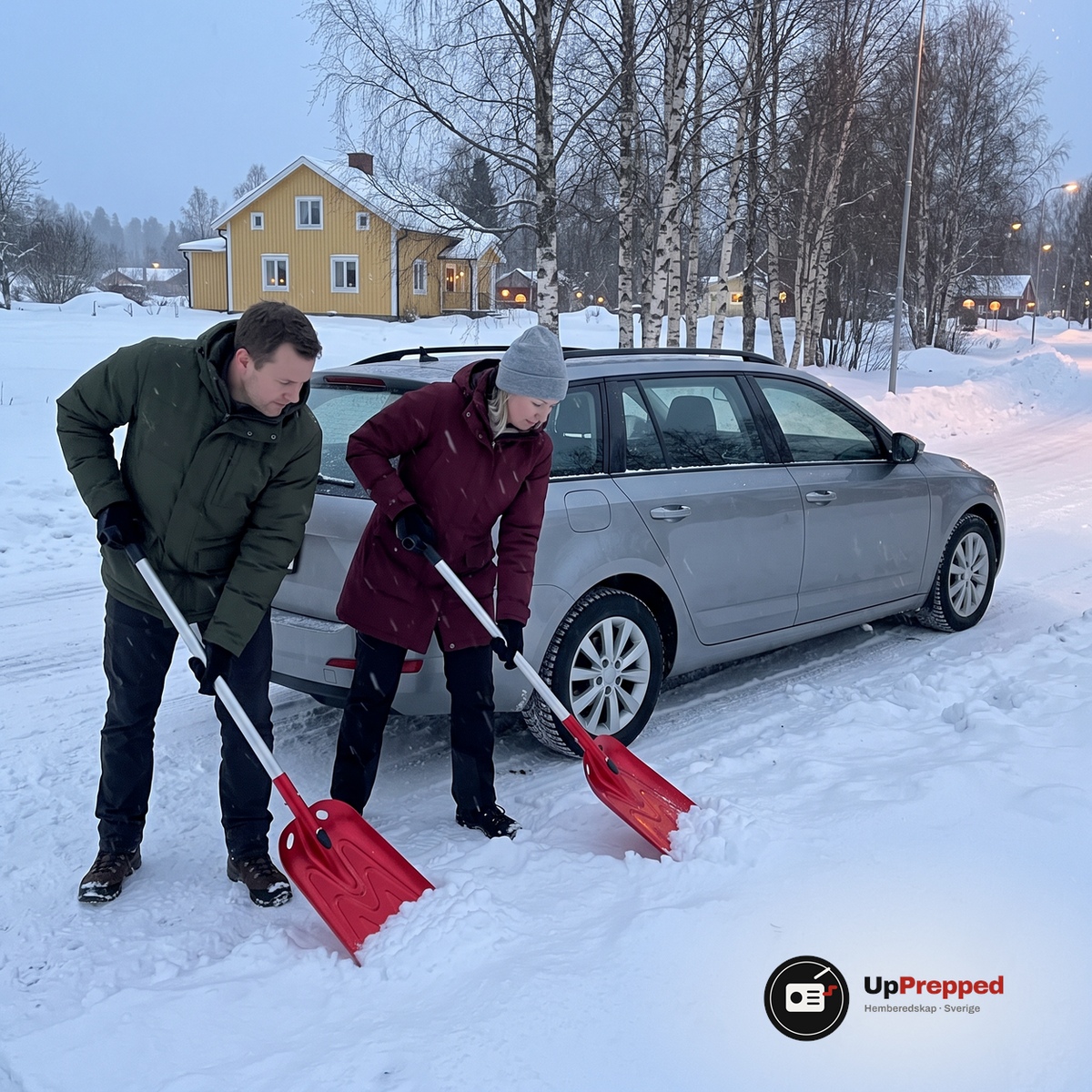 Man och kvinna skyfflar snö vid bakhjulet på en kombi med varsin röd teleskopisk snöskyffel