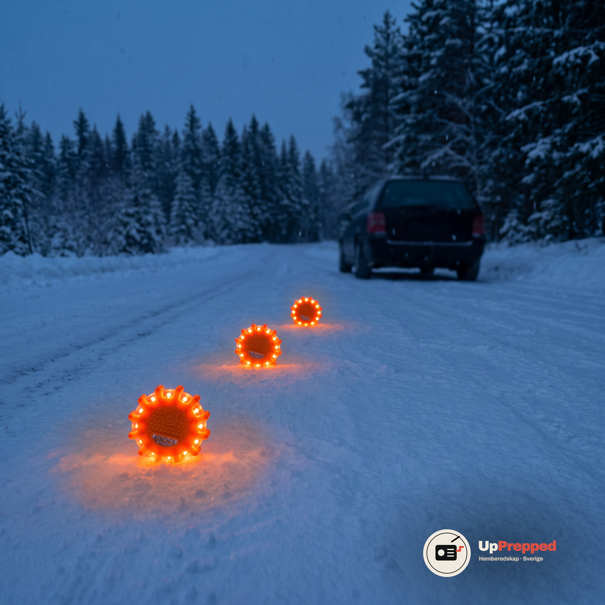 Tre orange LED varningsljus lyser på en snöig väg i skymningen med en parkerad bil bakom