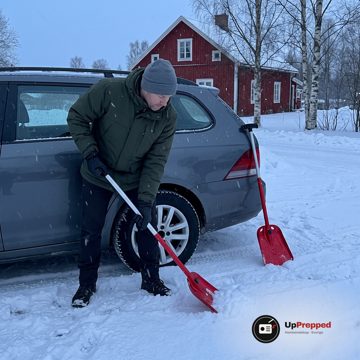 Man i grön jacka skyfflar snö vid bakhjulet på en bil med en röd teleskopisk snöskyffel, en andra snöskyffel lutar mot stötfångaren
