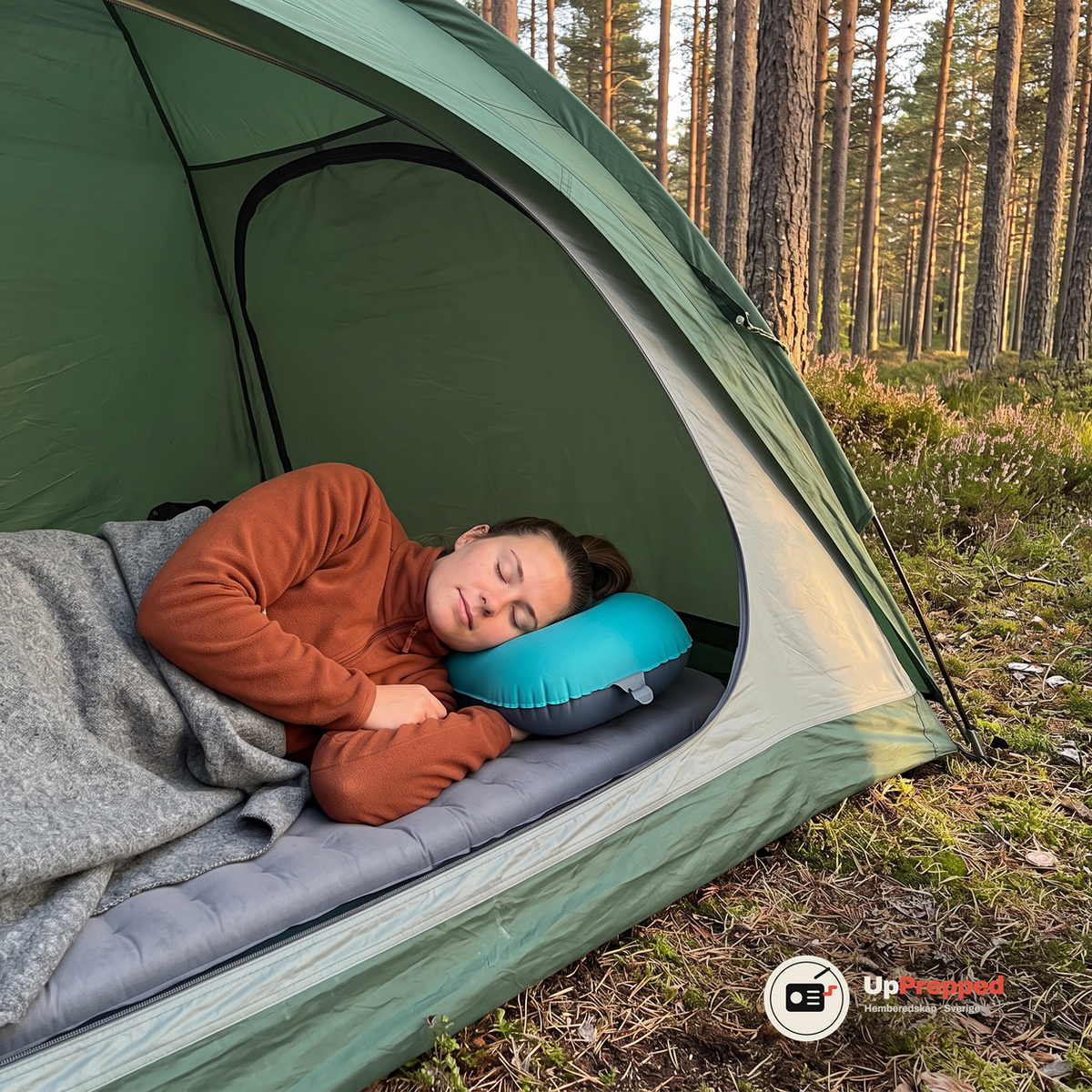 En kvinna sover på sidan i ett grönt tält med huvudet på den turkosa campingkudden