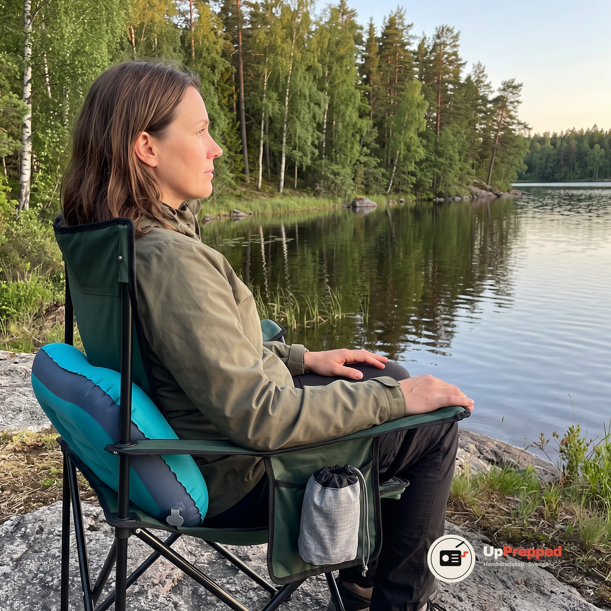 En kvinna i en campingstol vid en sjö med campingkudden som ryggstöd bakom ländryggen