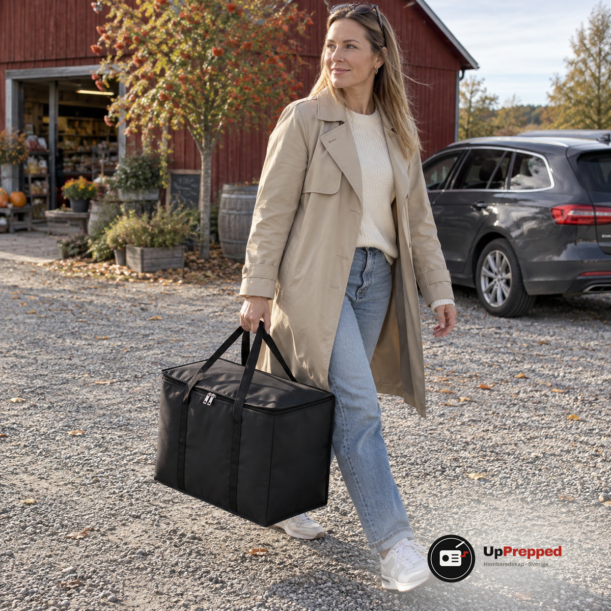 Kvinna bär den stora svarta kylbagen i handtagen över en grusplan utanför en gårdsbutik