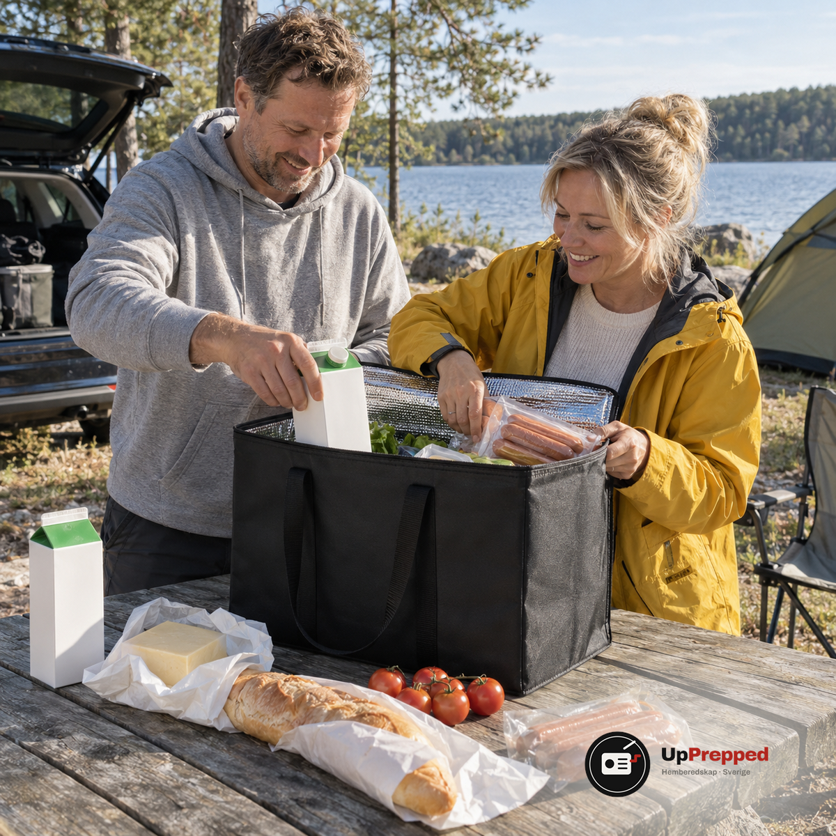 Man och kvinna packar upp mat ur den stora kylbagen på ett picknickbord vid en sjö