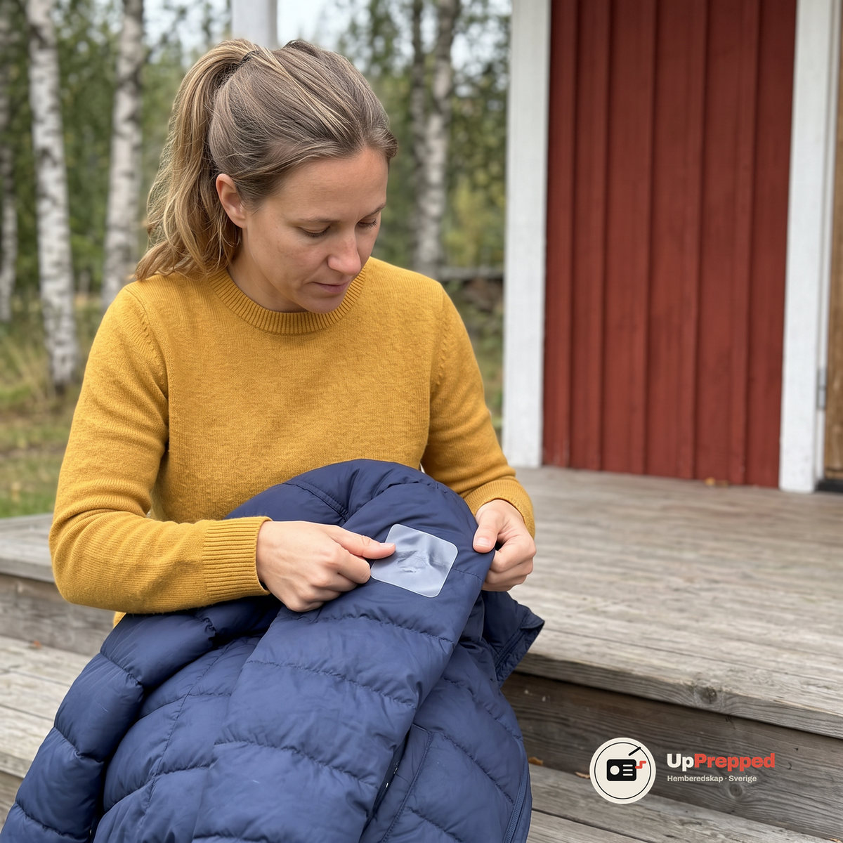 Kvinna trycker fast en genomskinlig reparationslapp på en mörkblå dunjacka på en stugtrappa