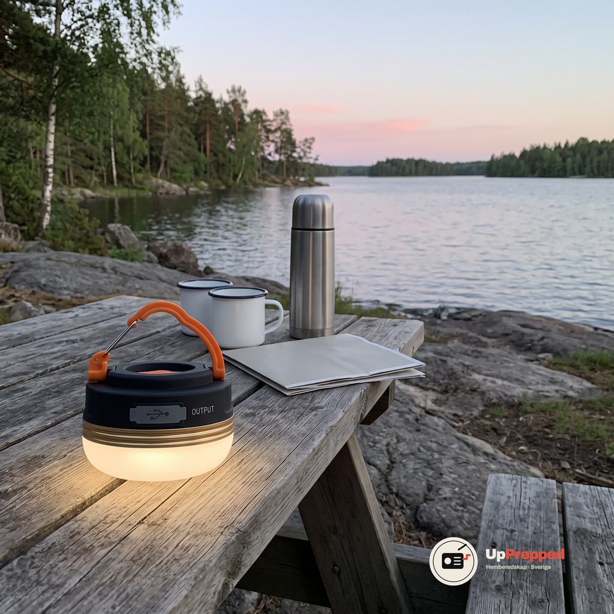Tänd LED campinglampa på ett träbord vid en sjö i skymning bredvid två emaljmuggar och en termos