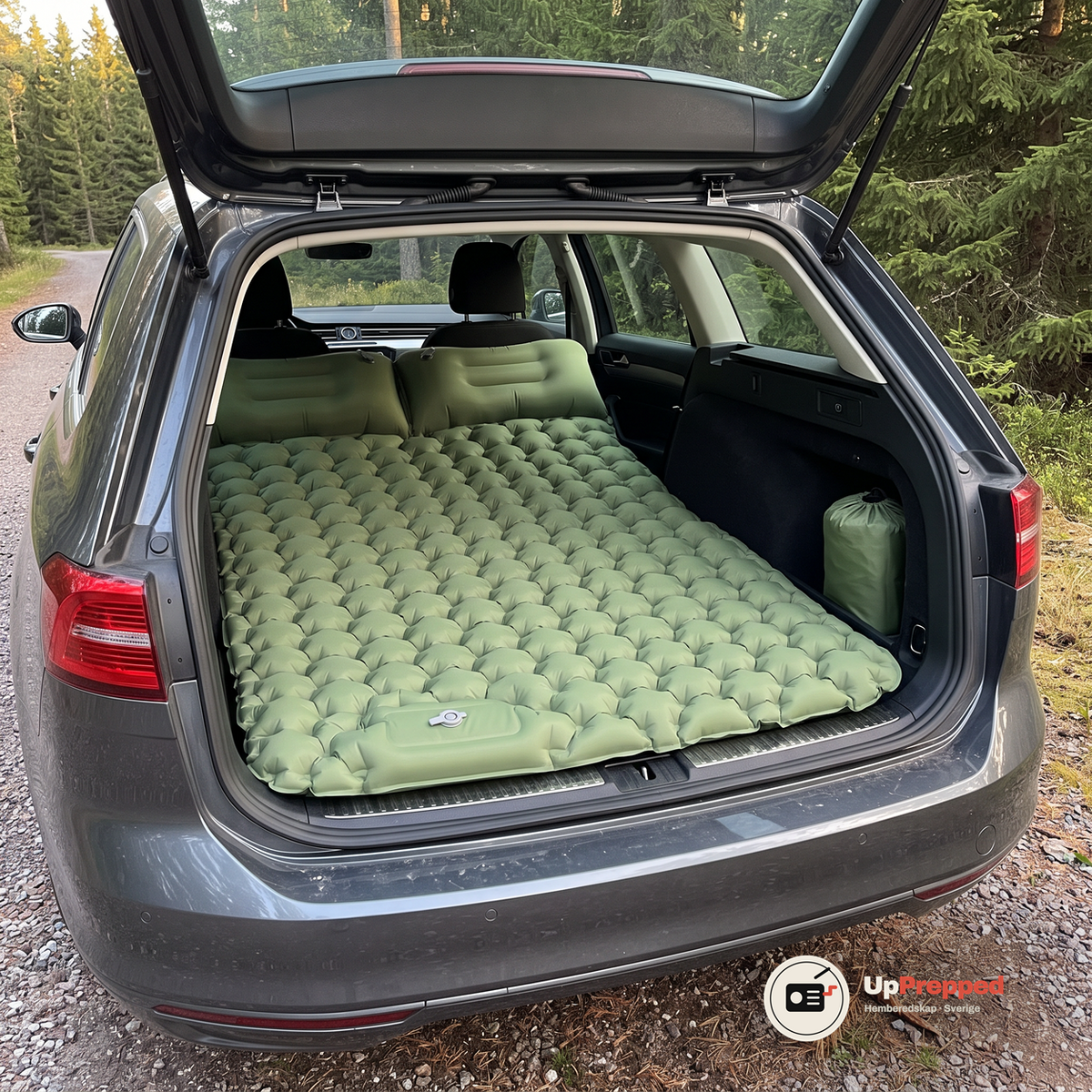Uppblåst luftmadrass fyller lastutrymmet i en kombi med nedfällda baksäten