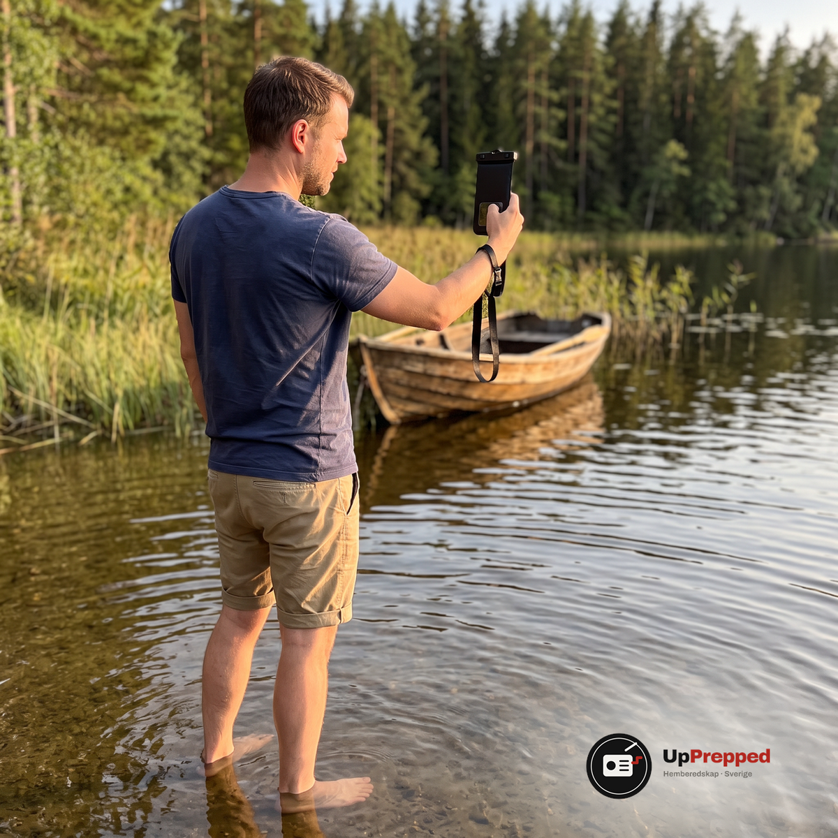 Man står barfota i vattnet vid en skogssjö och håller upp mobilfickan med mobil för att ta en bild av sjön
