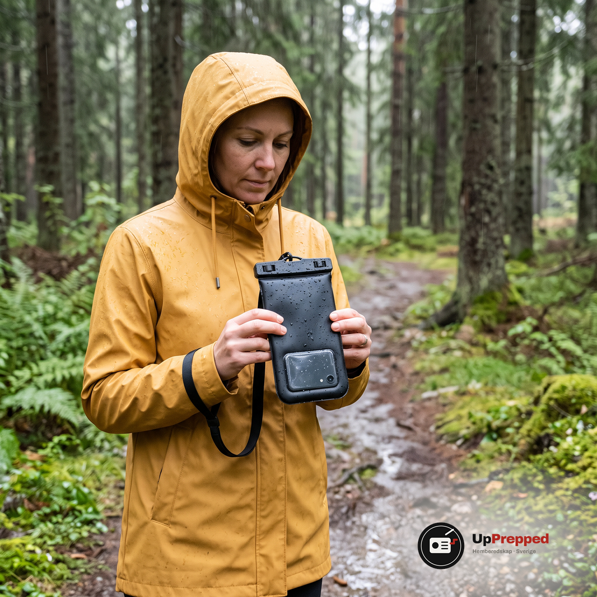 Kvinna i gul regnjacka går i en skog i regn och håller mobilfickan med vattendroppar på