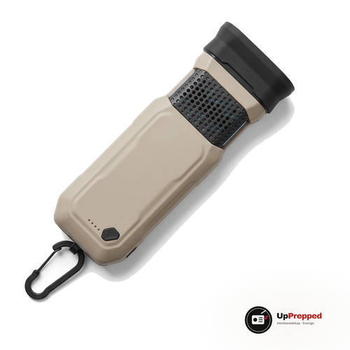 Sandfärgad 3-i-1-dosa med svart hålmönsterband, svart huvud och karbinhake, packshot