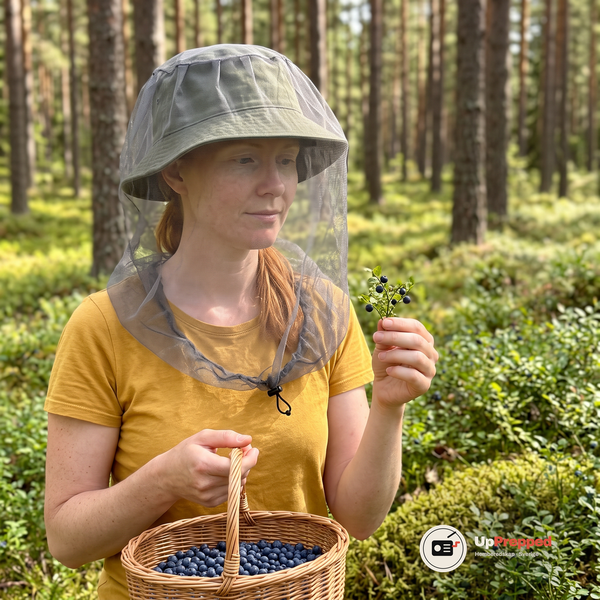Kvinna i olivgrön hatt med ett grått myggnät över hatten plockar blåbär i en tallskog och håller i en korg med blåbär