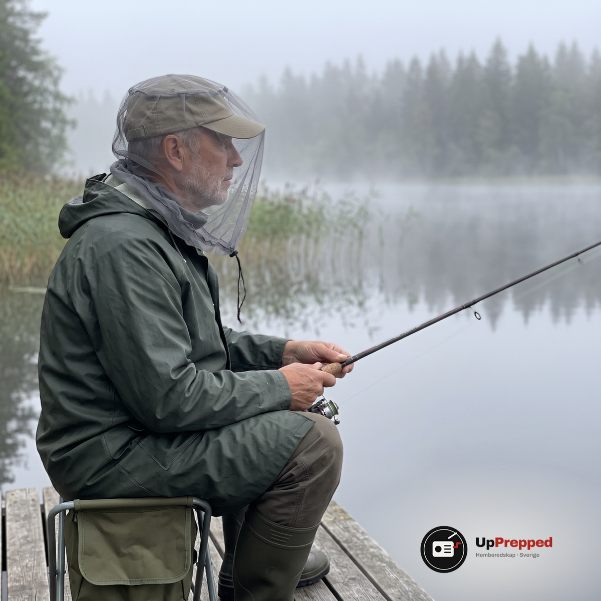 Äldre man i kakifärgad keps med ett grått myggnät över kepsen sitter på en fällstol på en brygga och fiskar en dimmig morgon