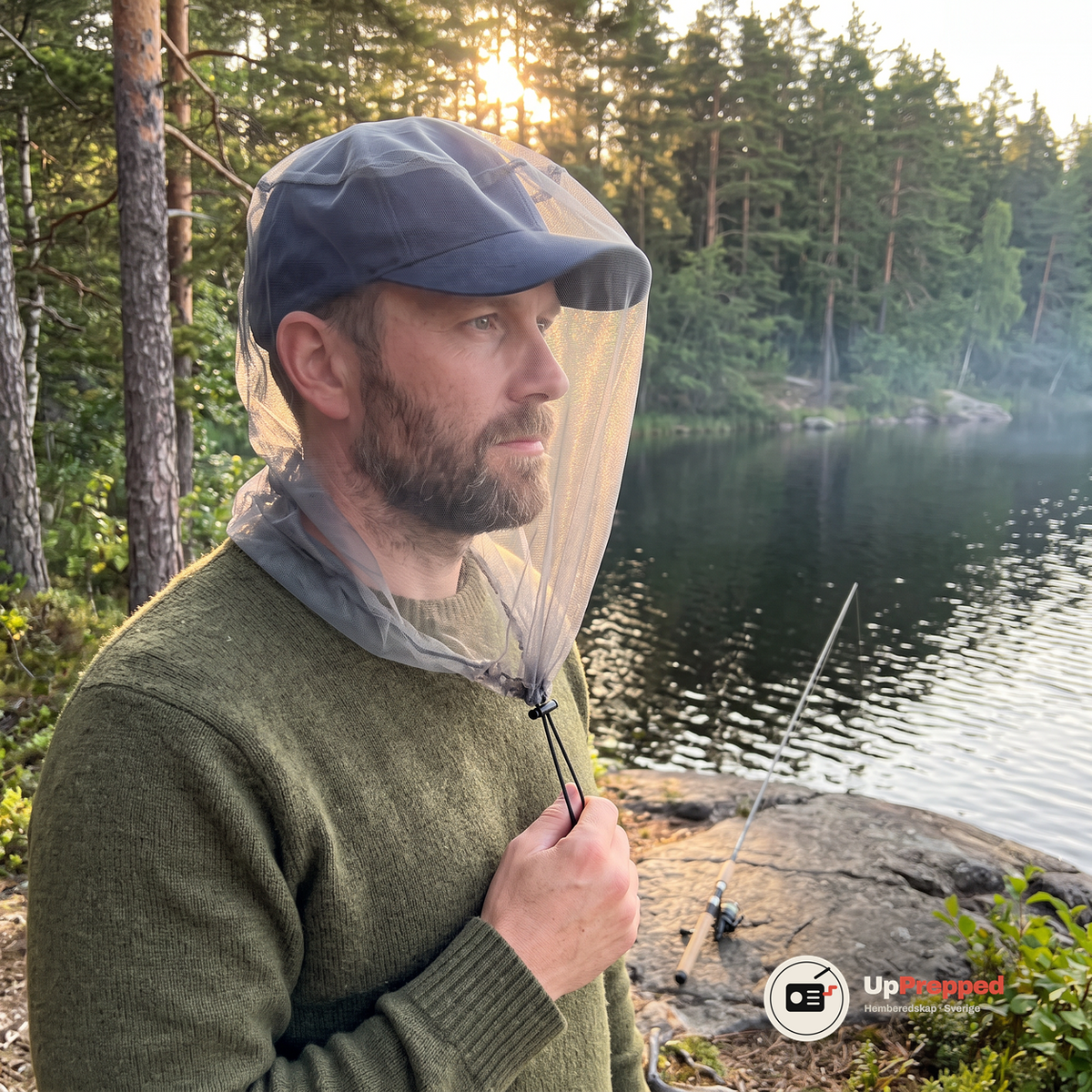Man i marinblå keps med ett grått myggnät över kepsen håller i nätets dragsnöre vid en skogstjärn i kvällsljus, med ett fiskespö på berget bakom honom