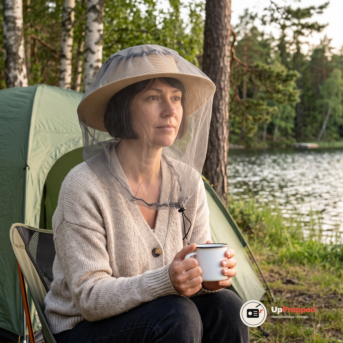 Kvinna i halmhatt med ett grått myggnät över hatten sitter på en campingstol framför ett grönt tält vid en sjö och håller en vit emaljmugg