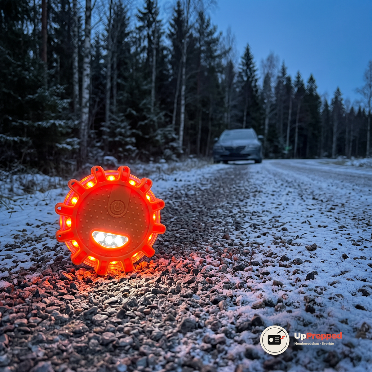 Orange LED varningsljus med lysande röd-orange och vita lysdioder på en snöpudrad grusaxel vid en skogsväg i skymningen