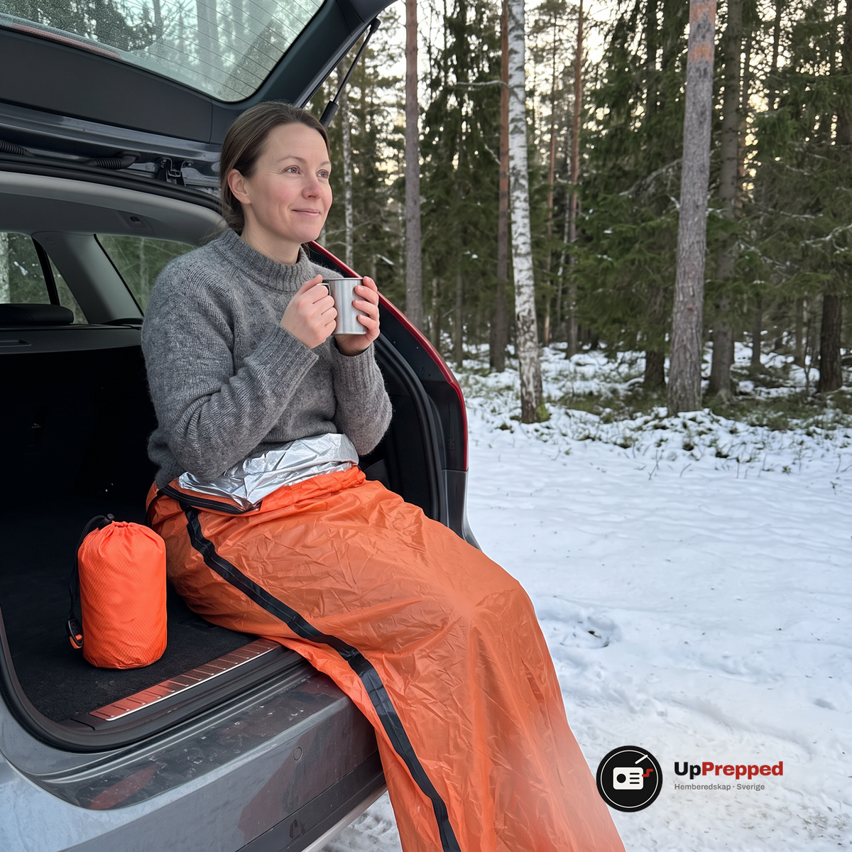 Kvinna sitter på bagagekanten av en grå kombi på en snötäckt rastplats med den orange nödsovsäcken över benen och en mugg i händerna, en orange förvaringspåse står bredvid henne