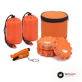 Grundläggande nödpaket för bilen med två nödsovsäckar, förvaringsväska, tre LED varningsljus och bältesskärare, orange, packshot