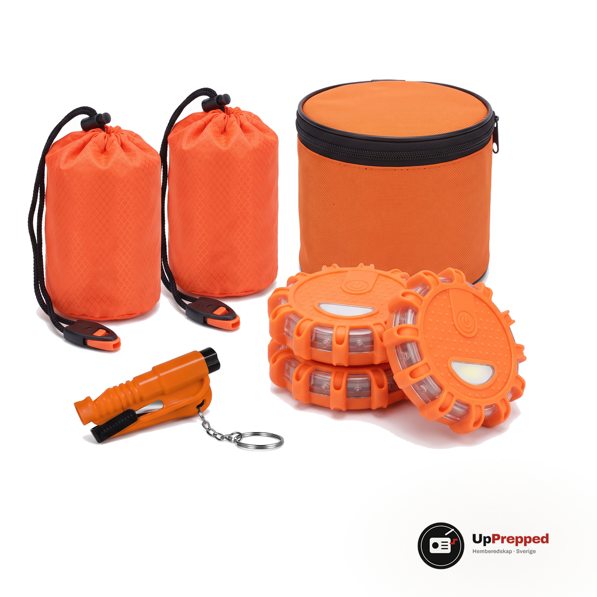 Grundläggande nödpaket för bilen med två nödsovsäckar, förvaringsväska, tre LED varningsljus och bältesskärare, orange, packshot