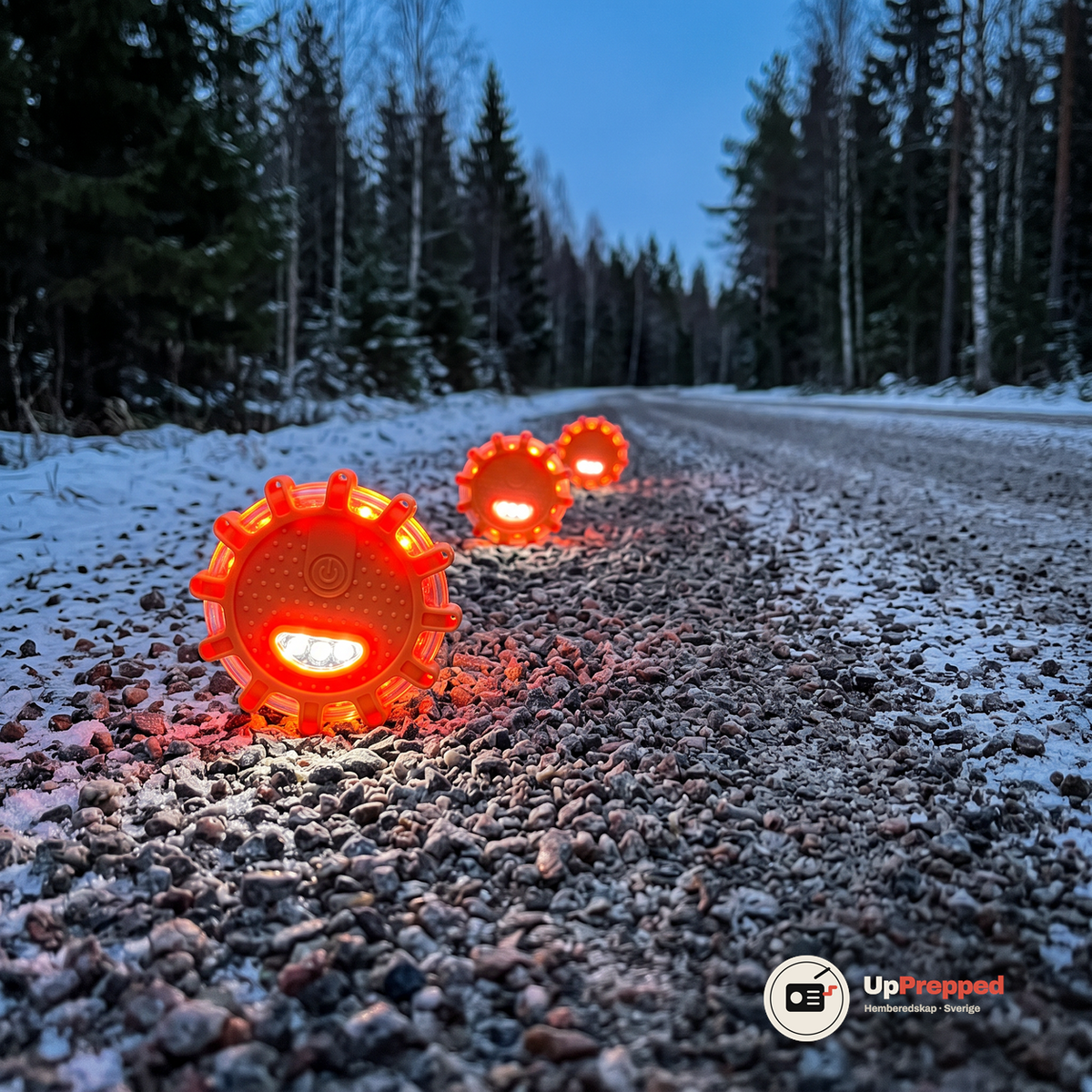 Tre orange LED varningsljus i rad längs en tom grusväg i skymningen, lysande med röd-orange och vita lysdioder bland snö, gran och björk