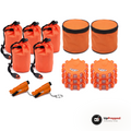 Mellanstort nödpaket för bilen med fem nödsovsäckar, två förvaringsväskor, sex LED varningsljus och två bältesskärare, orange, packshot
