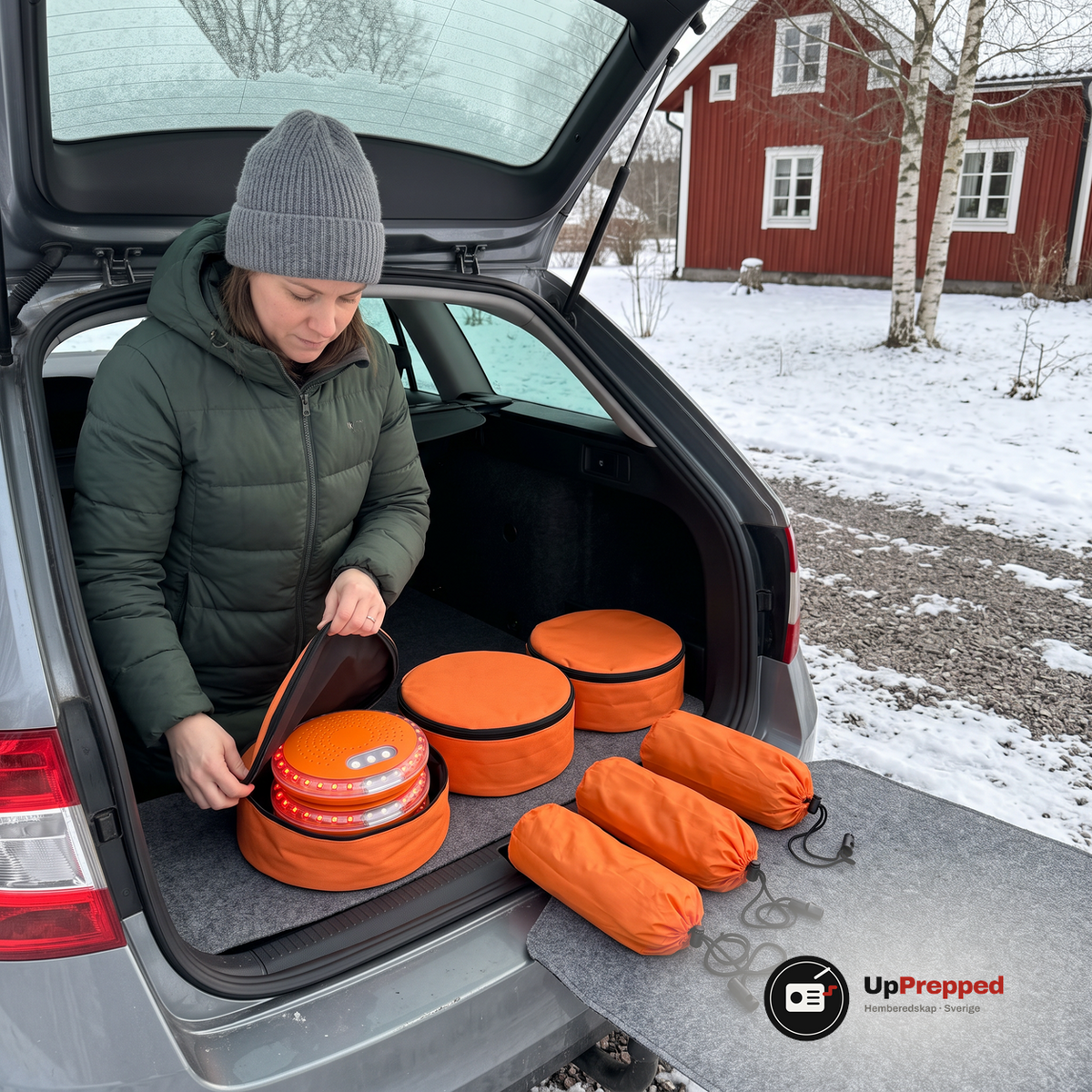 Kvinna i grön dunjacka lyfter locket på en av tre orange väskor med varningsljus i ett öppet bagageutrymme på en grå kombi, orange nödsovsäckar ligger bredvid på en snöig gårdsplan vid en röd stuga