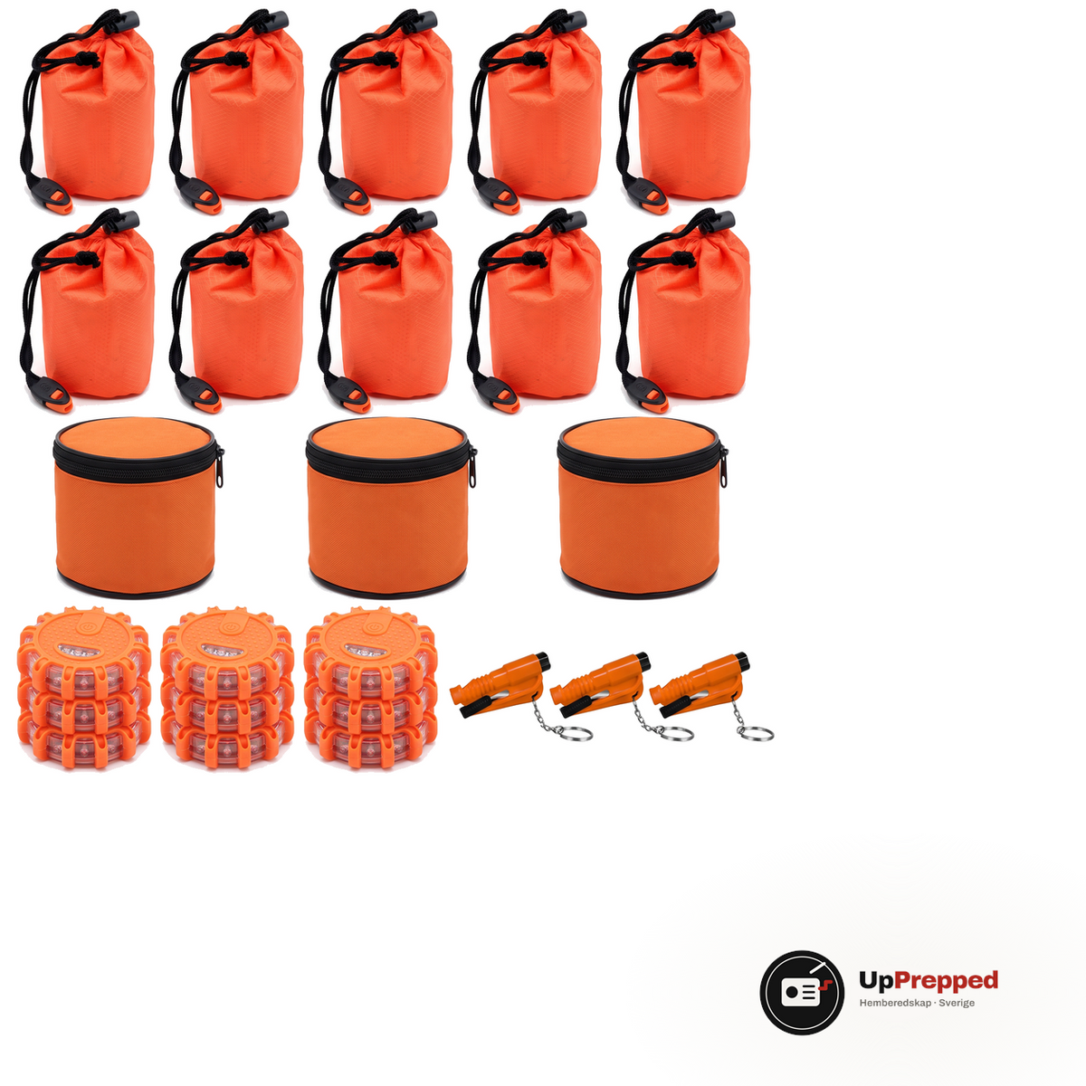 Stort grundläggande nödpaket för bilen med tio nödsovsäckar, tre förvaringsväskor, nio LED varningsljus och tre bältesskärare, orange, packshot