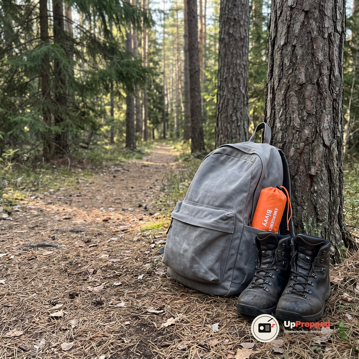Grå dagsryggsäck mot en tallstam med den orangea förvaringspåsen i sidofickan och ett par vandringskängor bredvid
