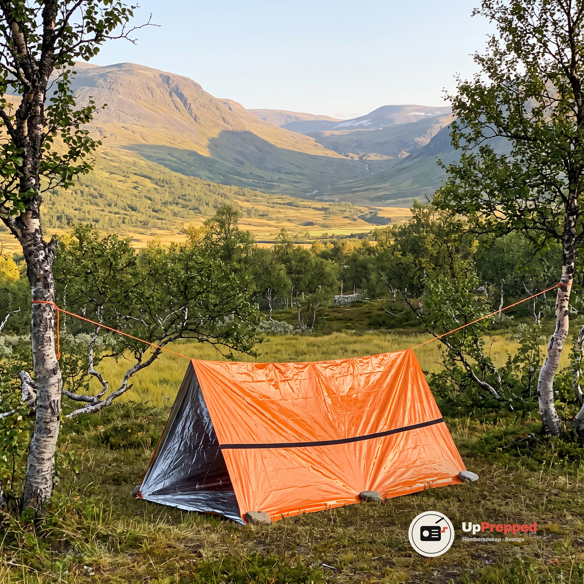 Orange nödtält upphängt med rep mellan två fjällbjörkar i fjällmiljö en klar sensommardag
