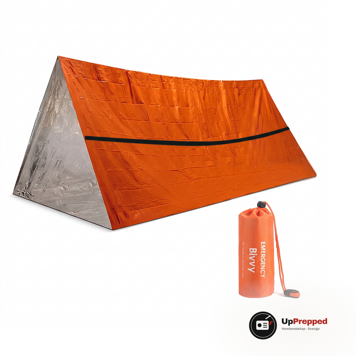 Nödtält UL i orange folie med silverfärgad insida och orange förvaringspåse, packshot