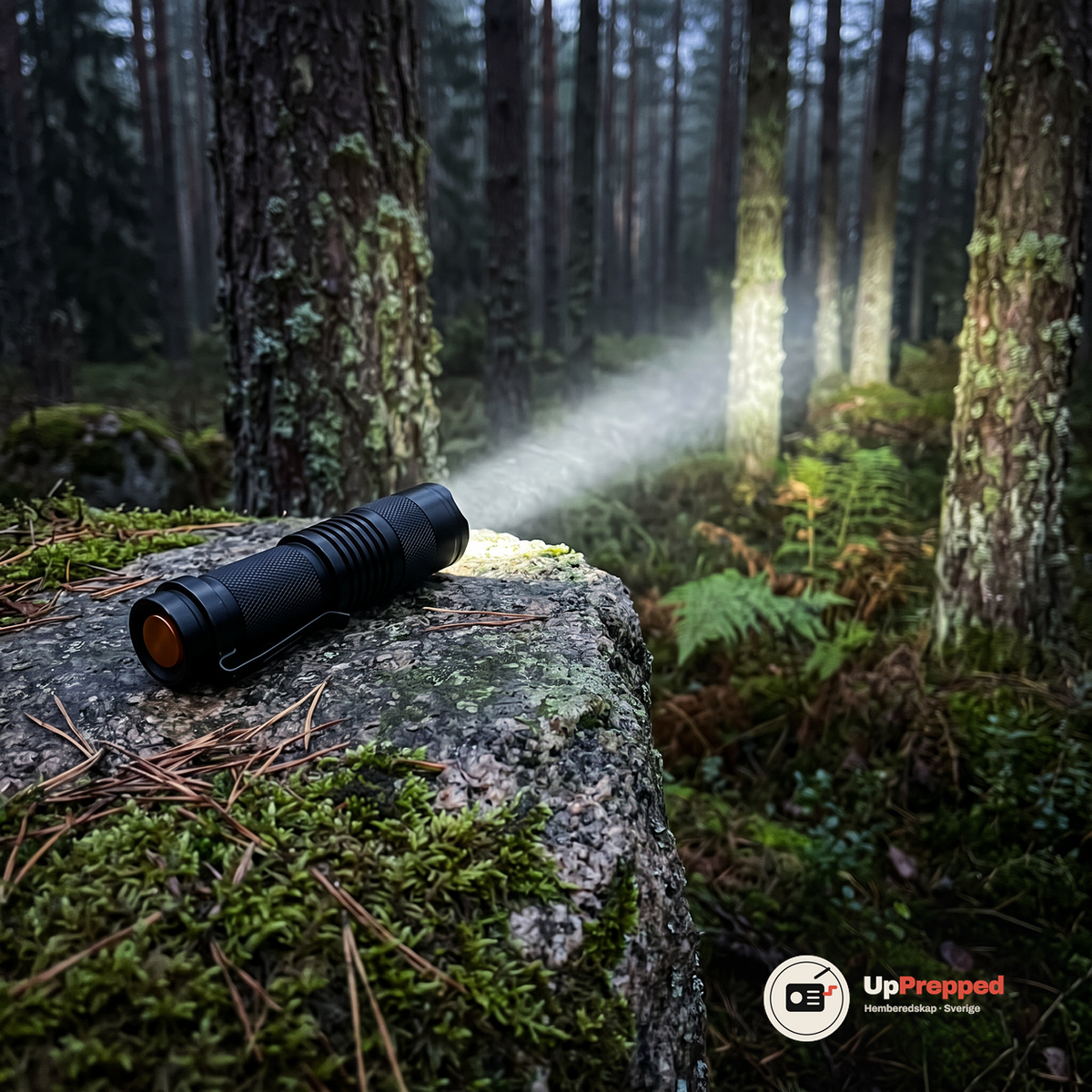 Svart ficklampa som lyser upp tallstammar från en mossig sten i skymningen