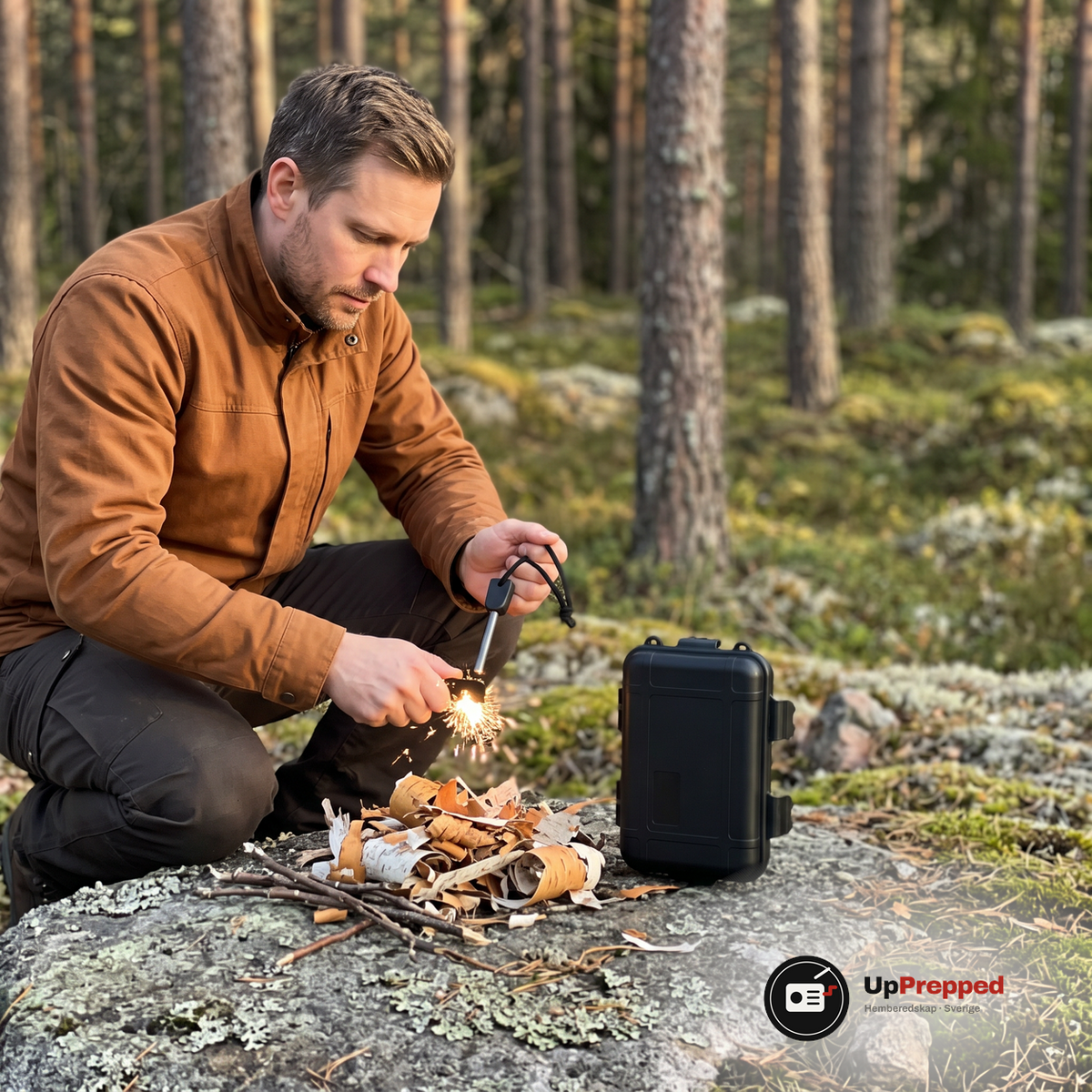 Man hukar på en klippa i en svensk tallskog och slår gnistor med ett tändstål mot näver, med den stängda boxen bredvid