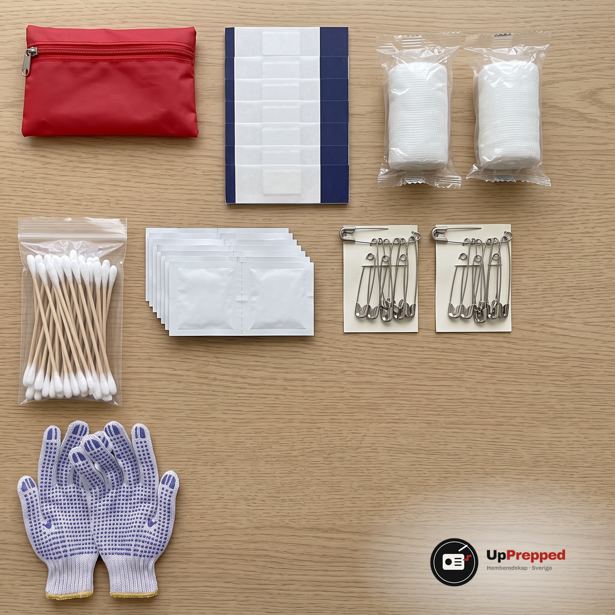 Första hjälpen-kit, plåster, två bandage, bomullspinnar, spritservetter, två kort med säkerhetsnålar och handskar utlagda på ett ekbord