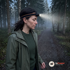Kvinna med pannlampan på pannan går längs en grusväg genom en dimmig skog i skymningen och ljuset lyser längs vägen