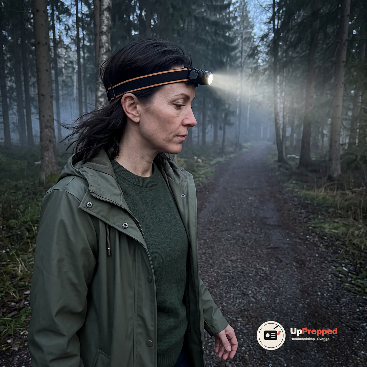 Kvinna med pannlampan på pannan går längs en grusväg genom en dimmig skog i skymningen och ljuset lyser längs vägen