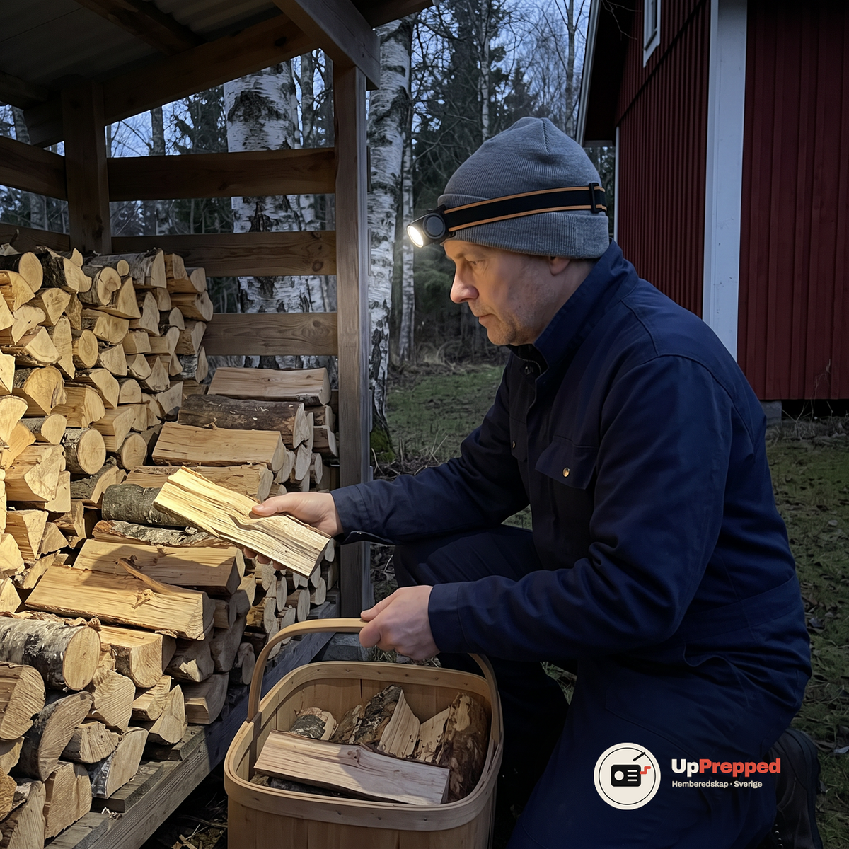 Man med pannlampan på mössan fyller en korg med ved vid en vedbod bredvid en röd stuga i skymningen