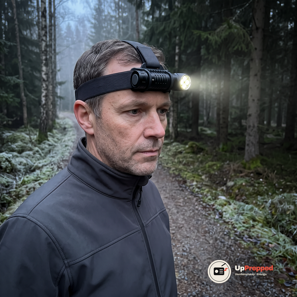 Man med pannlampan på pannan står på en grusväg i en frostig skog tidigt på morgonen och ljuset lyser fram längs vägen