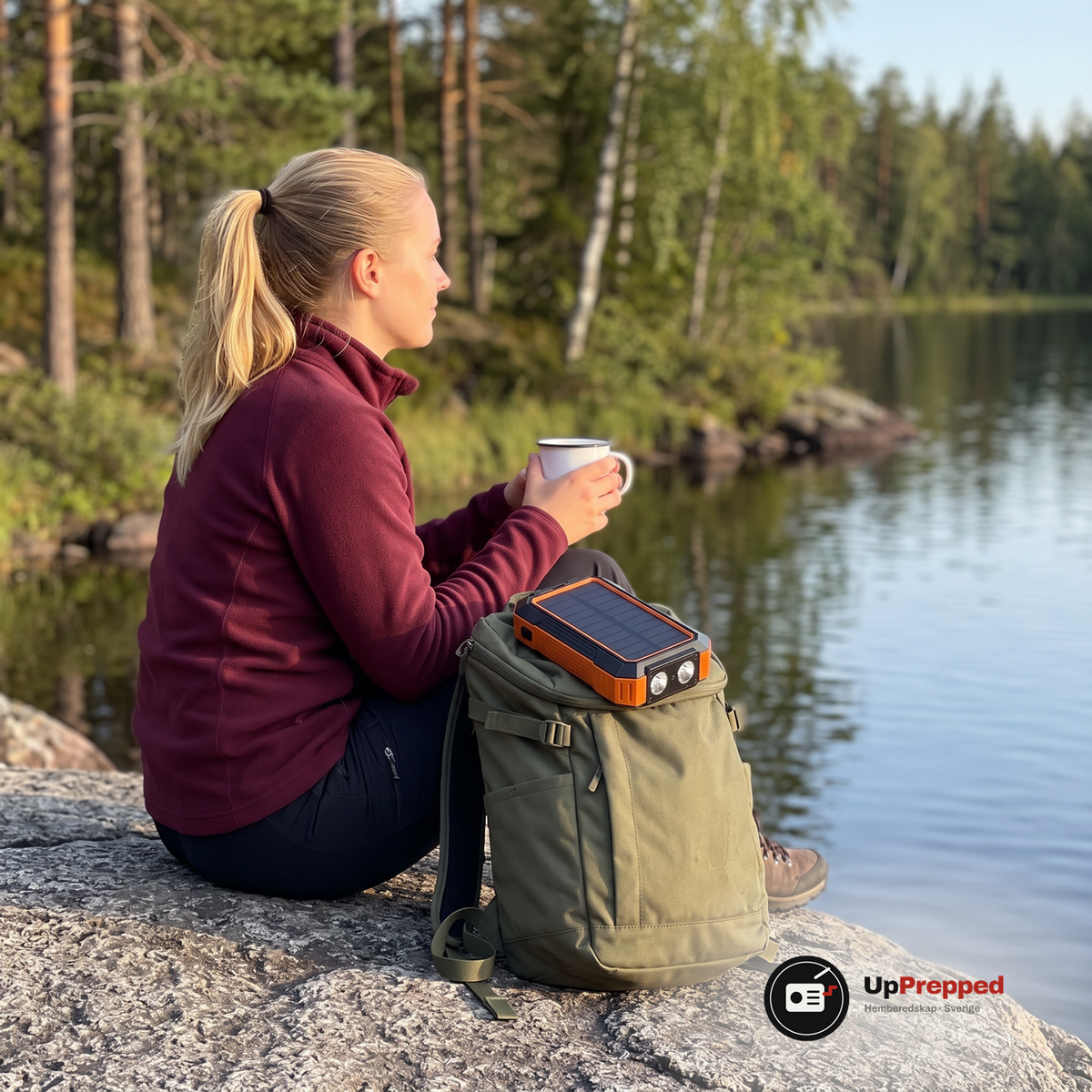 Kvinna i vinröd fleecejacka sitter på en klippa vid en sjö med en vit emaljmugg, powerbanken ligger med solcellen uppåt på en olivgrön ryggsäck bredvid henne