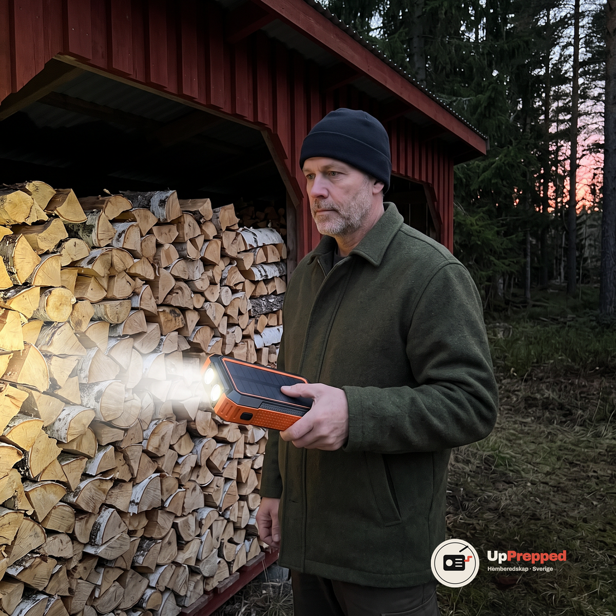 Man i grön ulljacka och svart mössa håller powerbanken med de två tända LED-lamporna riktade mot en vedstapel vid en röd vedbod i skymningen
