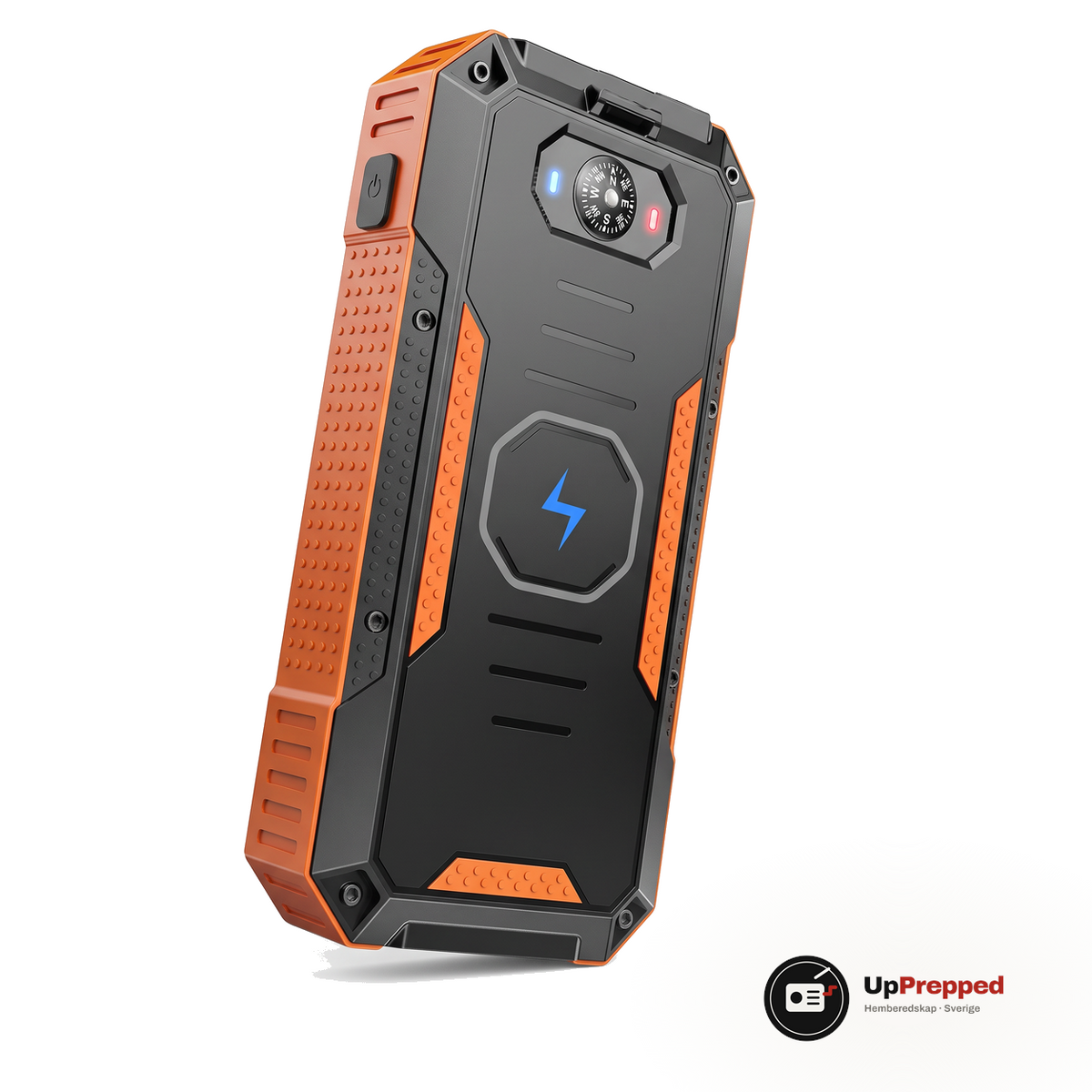 Orange och svart robust powerbank med solcell, sedd från baksidan med kompass, Qi-yta med blixtsymbol och orange gummigrepp, packshot på vit bakgrund