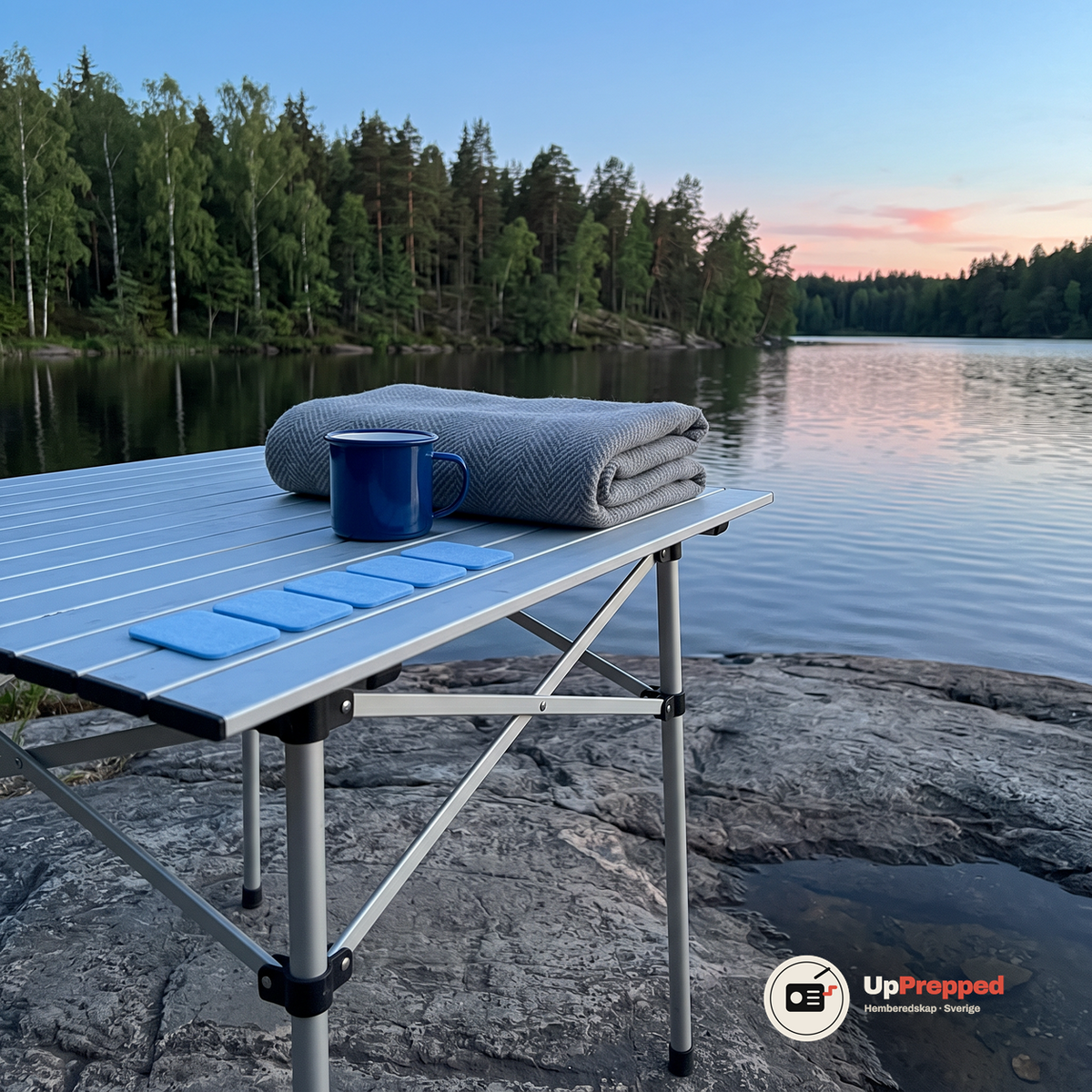 Fem ljusblå refillmattor på ett hopfällbart campingbord vid en sjö i skymningen