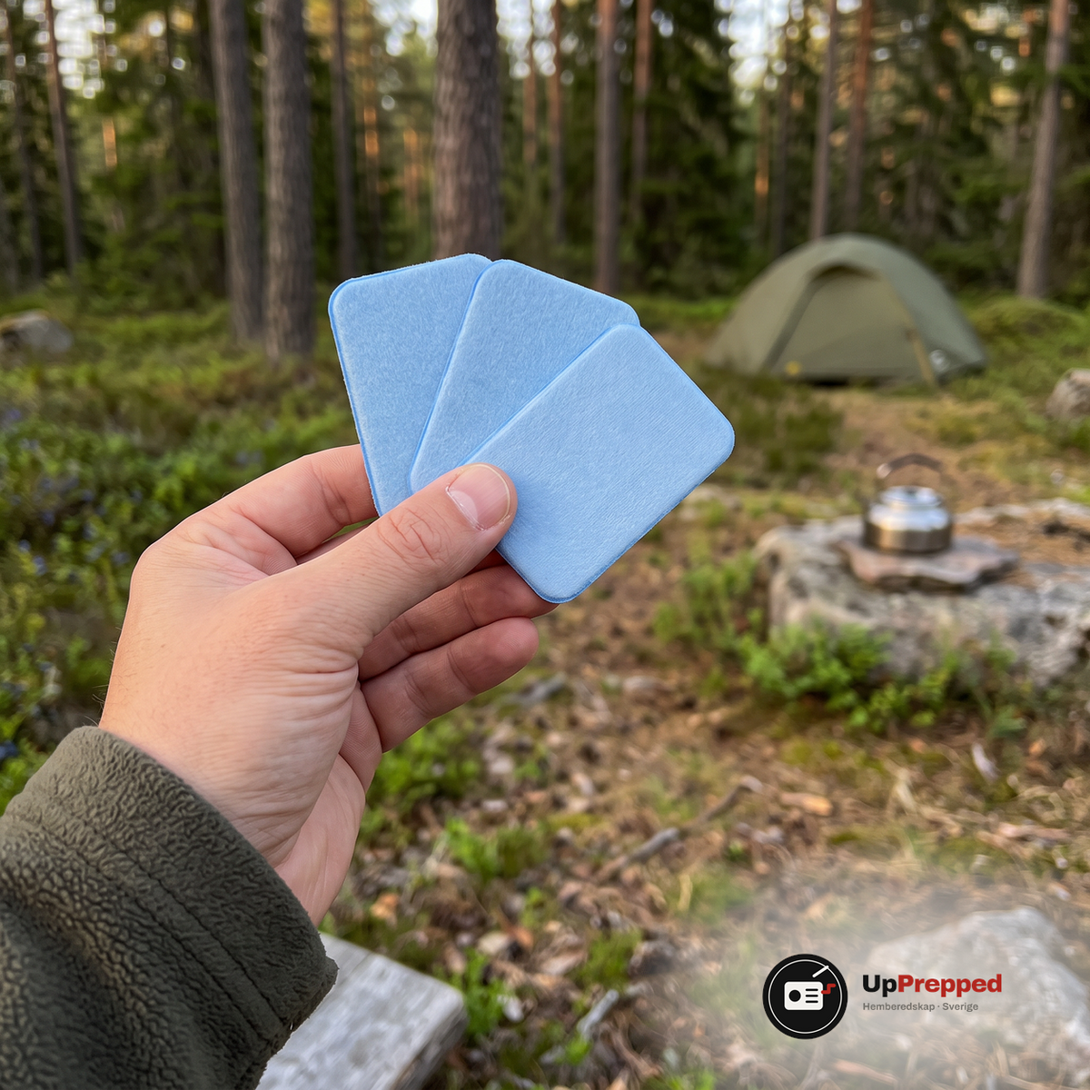 Hand som håller tre ljusblå refillmattor framför ett grönt tält och en kokare på en rastplats i skogen