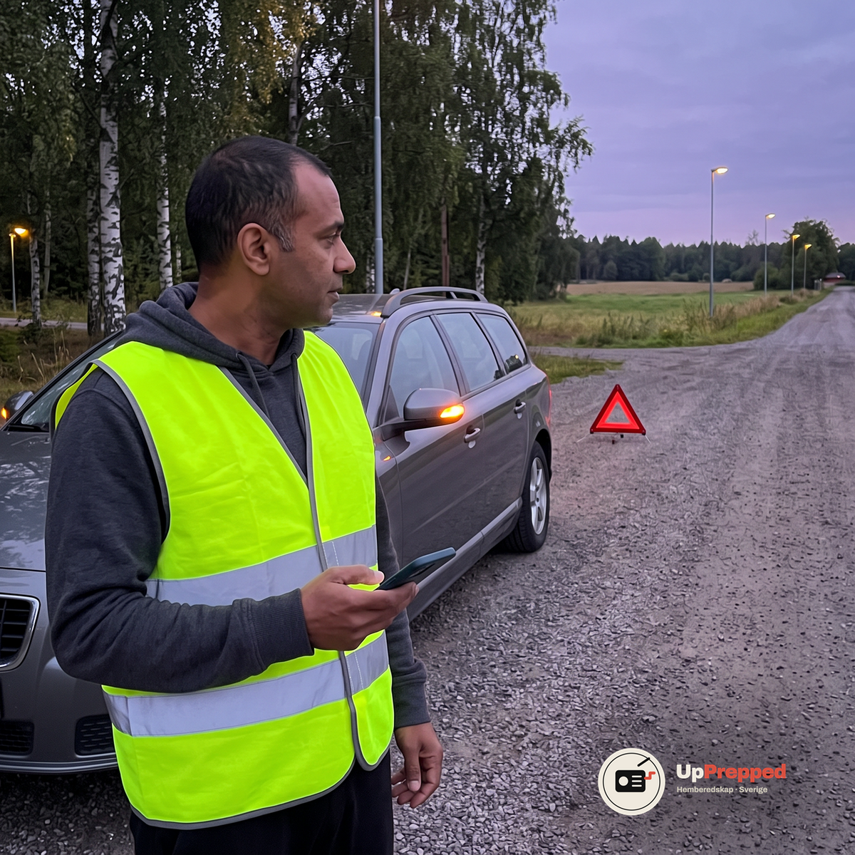 Man i grå luvtröja och reflexväst står vid en grå kombi på en grusväg med en röd varningstriangel på vägen i skymningen