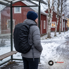 Kvinna i grå dunjacka och blå mössa står vid en glasad busskur i blötsnö med en ryggsäck som har ett svart regnskydd