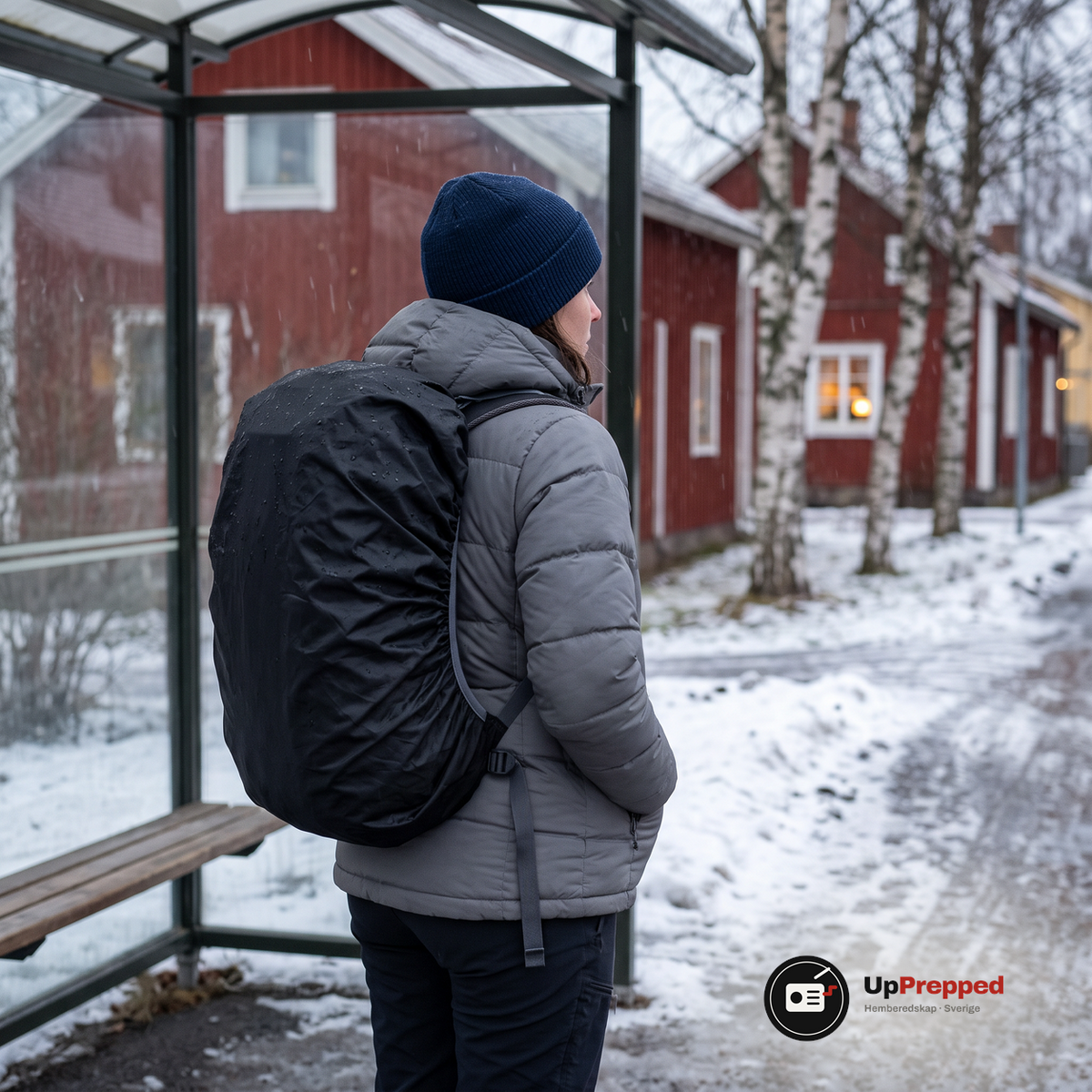 Kvinna i grå dunjacka och blå mössa står vid en glasad busskur i blötsnö med en ryggsäck som har ett svart regnskydd