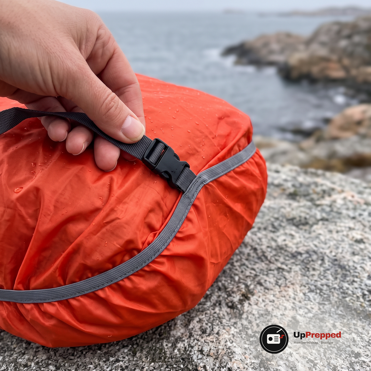 Hand som håller i remmen med spänne på ett orange regnskydd över en ryggsäck på en granitklippa vid havet i lätt regn