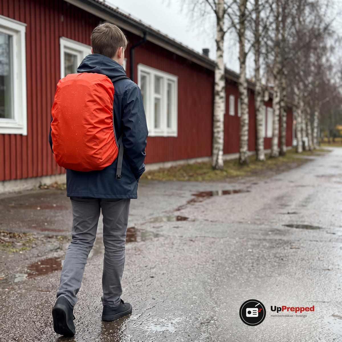 Tonåring bakifrån i mörkblå regnjacka går på en våt asfaltsväg vid en röd trävilla med björkar i regn med en dagsryggsäck som har ett orange regnskydd