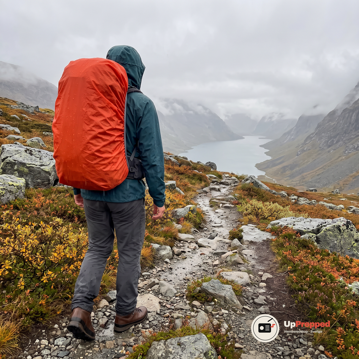 Man i mörkgrön regnjacka går på en stenig fjällstig i regn med en stor ryggsäck som har ett orange regnskydd, sedd bakifrån