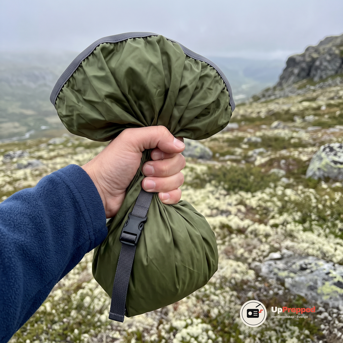 Hand i blå fleecetröja som håller ett grönt regnskydd hopknycklat i näven framför fjällhed med renlav