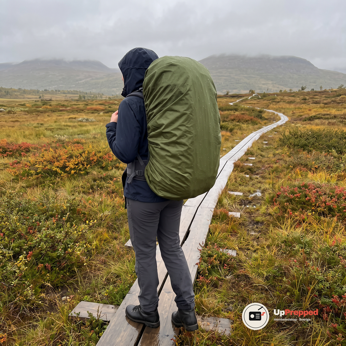 Kvinna i mörkblå regnjacka står på en spång över en myr i svenska fjällen i regn med en stor ryggsäck som har ett grönt regnskydd