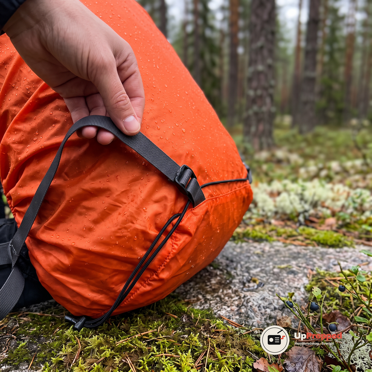 Hand som håller i remmen med spänne på ett orange regnskydd över en stor ryggsäck på en mossig granitsten i en tallskog i lätt regn