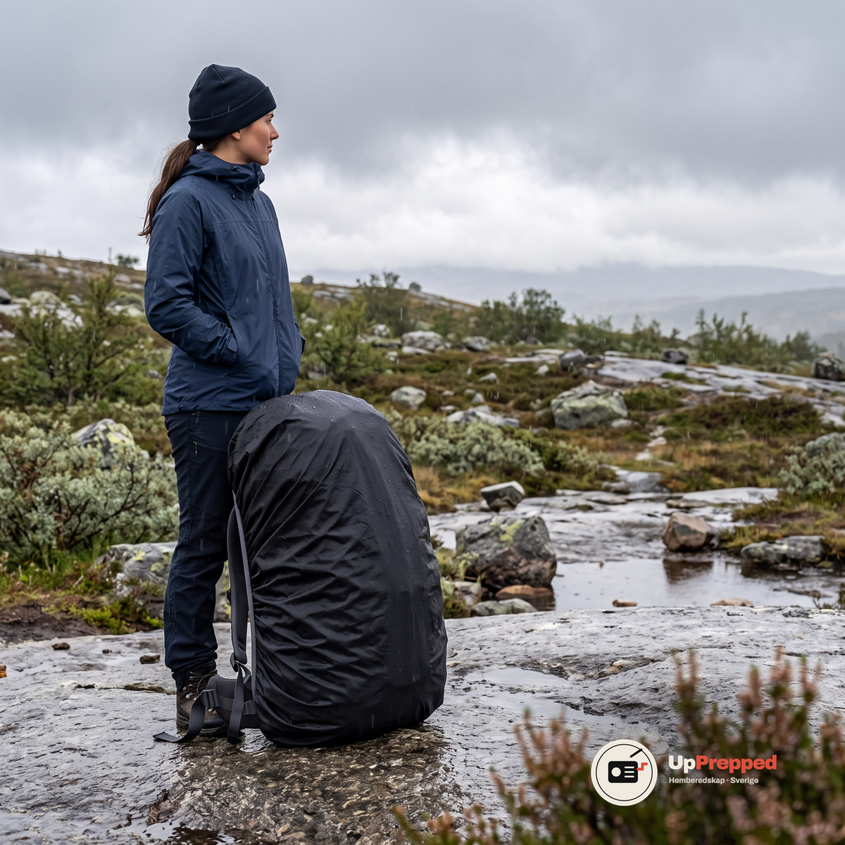 Kvinna i mörkblå jacka står bredvid en stor ryggsäck med svart regnskydd på en blöt granithäll i fjällen